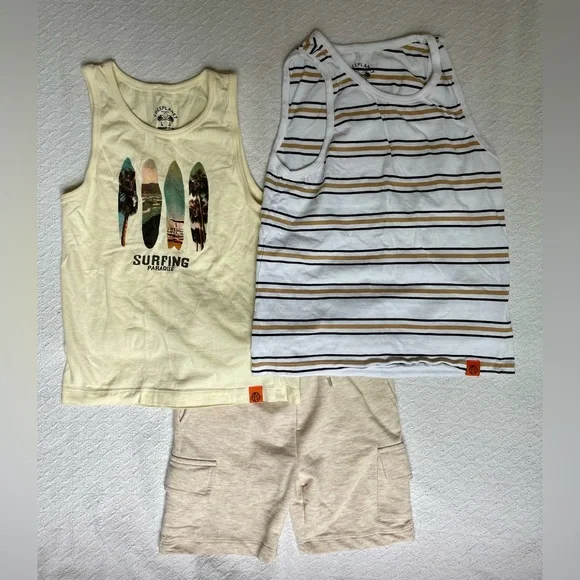 Free Planet Surfboard Graphic and Striped Tank Top and Shorts Set - Picture 1 of 5